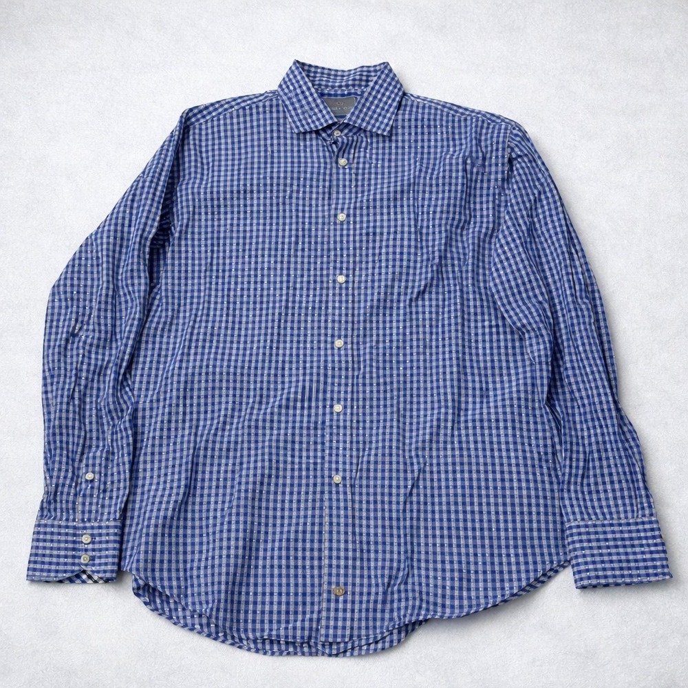 Thomas Dean Shirt Mens XL Blue Check Button Up Long Sleeve Casual Dress